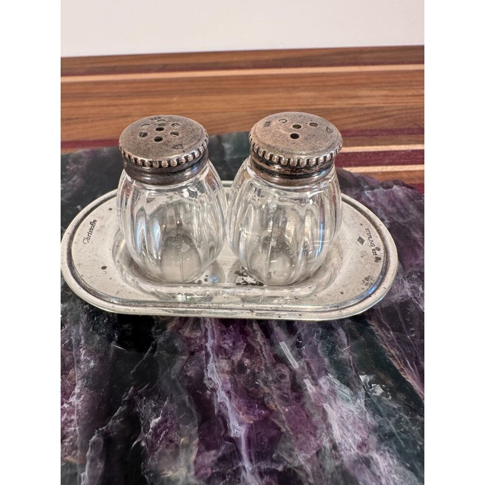 Vintage Christofle Sterling Salt & Pepper Shakers With Tray